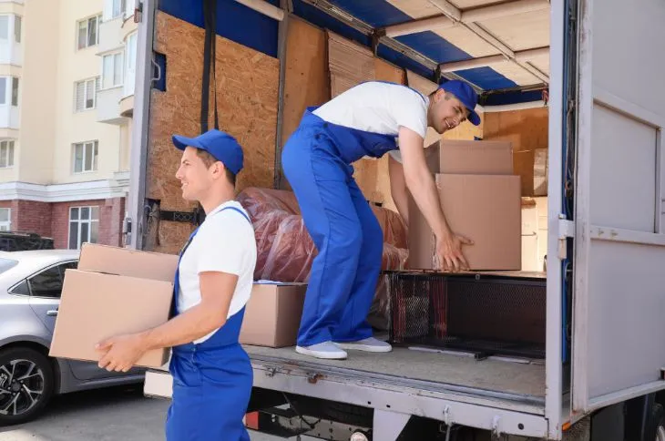 Möbelträger entladen Kartons aus LKW Möbelträger entladen Kartons aus LKW